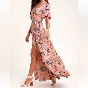 Lulus Mauve Pink Floral Wrap Maxi Dress Flowy Wedding Fall Split Hem Medium